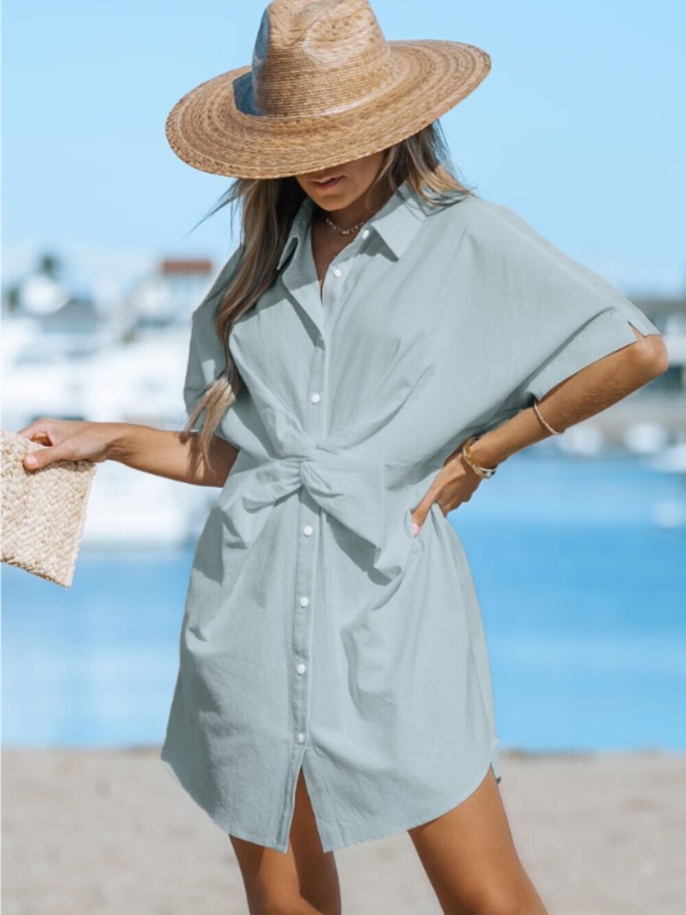 CUPSHE Shirt Dress Cover-up Twisted-Front Oversized Relaxed in Pale Blue
